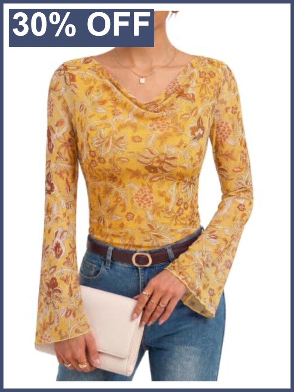 Boho Mesh Blouse Cowl Neck Bell Sleeve Casual Office Top